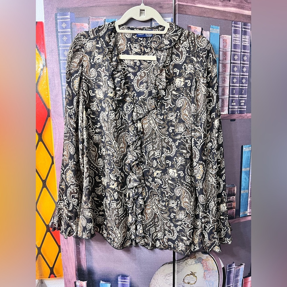 Vintage Y2K Paisley Ruffle Blouse - Black and Cream